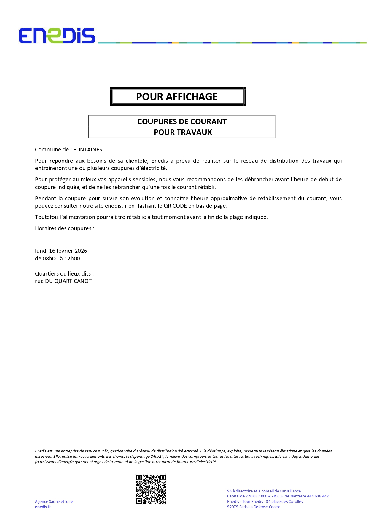 Coupure d'électricité lundi 16 février 2026