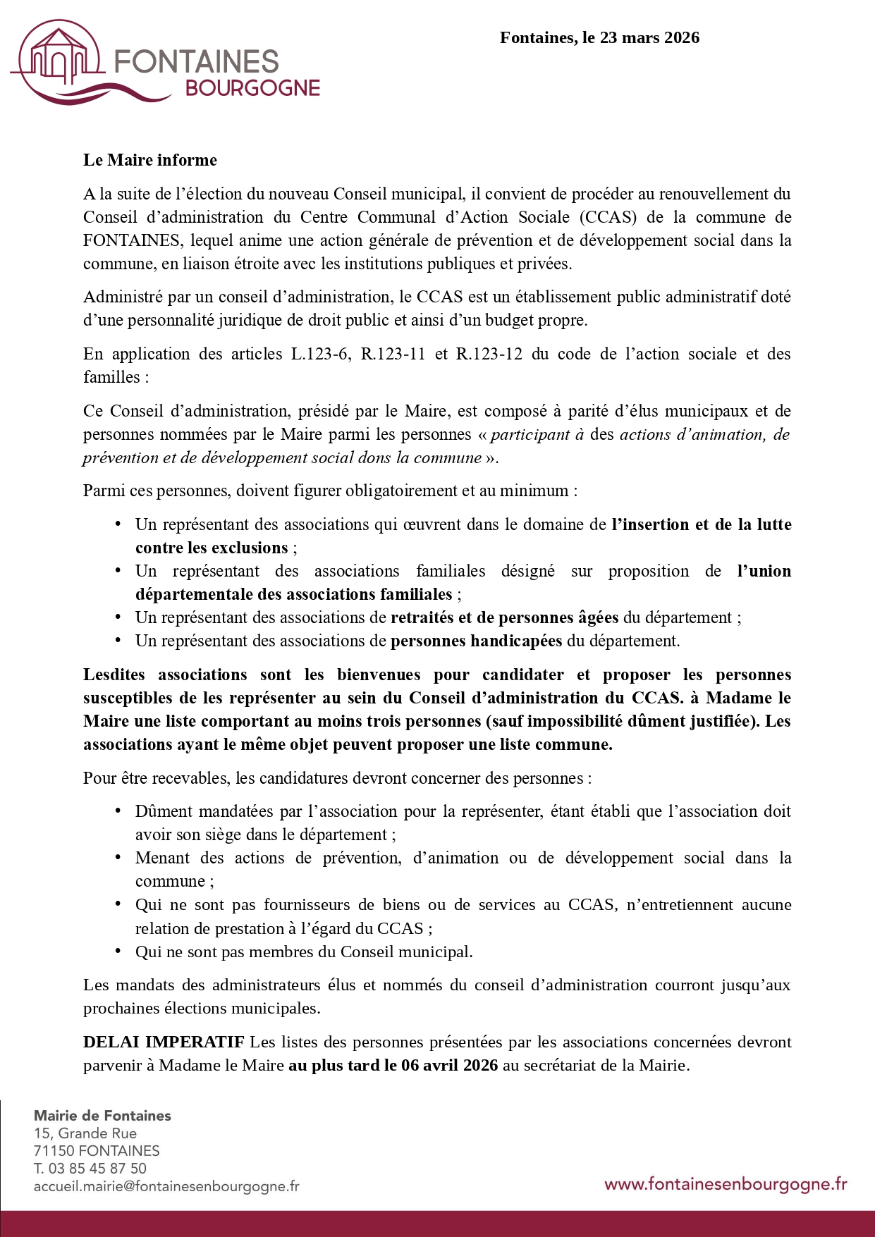 Appel public à candidature pour sièges des membres du CCAS